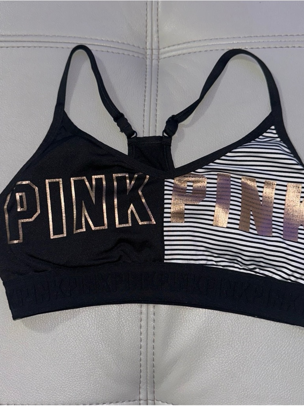 PINK Victoria's Secret Black & White Striped Metallic Logo Sports Bra
